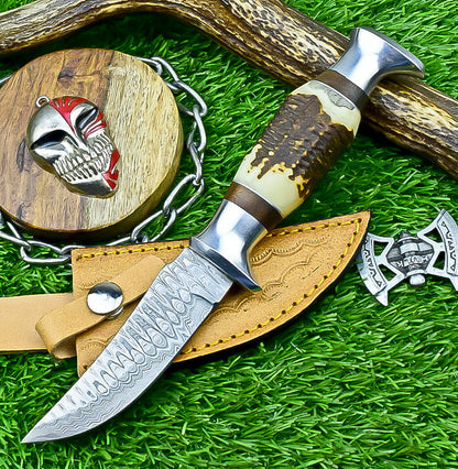Handmade Damascus Hunting Knife with Sheath – 9" Stag Horn Handle | Gift for Him | SN-1225