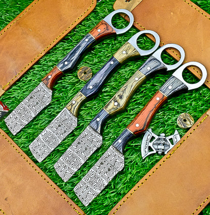 4-Piece Handmade Straight Razor Set – 8.25" J2 Steel Etched Blade, Pakka Wood Handle with Brass Pins &amp; Leather Sheaths | UN-9262
