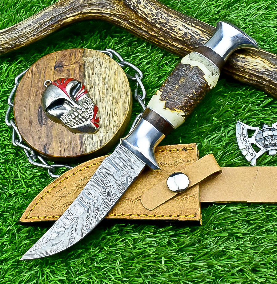 Handmade Damascus Hunting Knife with Sheath – 9" Stag Horn Handle | Gift for Him  SN-1194
