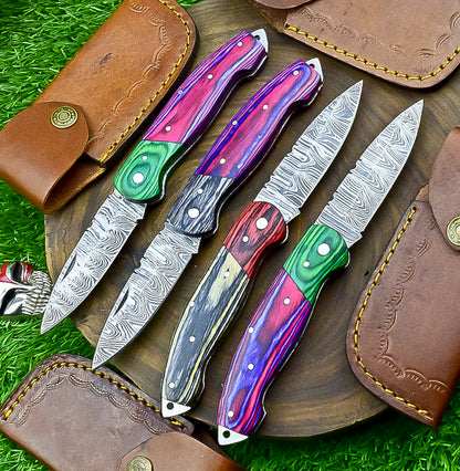 4 PCS Handmade Damascus Folding Knife Set – 7"Multicolor Wood Handle With Leather Sheath | SN-732