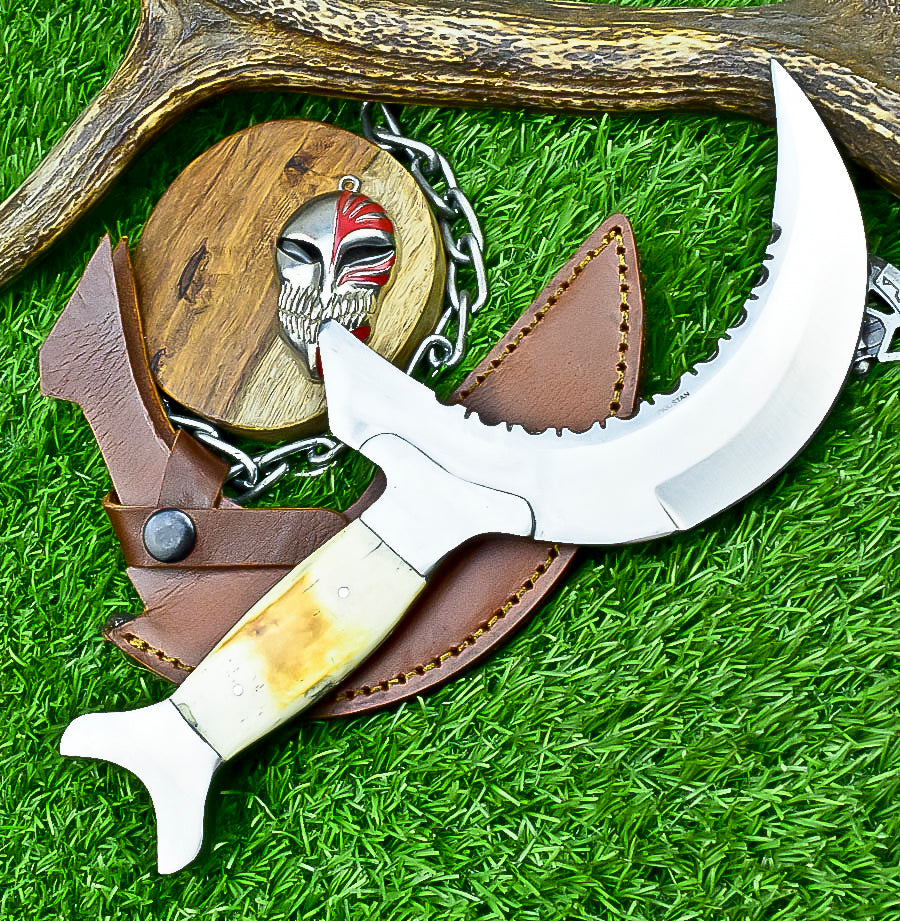 Handmade Crescent Half-Moon Ritual Knife, Unique Curved Blade, Leather Sheath