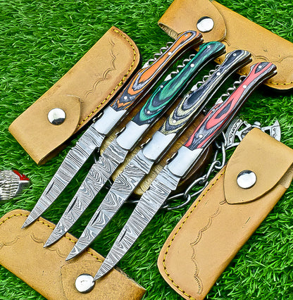 LOT OF 4 PCS! CUSTOM  Handmade Damascus Folding Pocket Knife – 8" – Multicolor Wood Handle | Slip Joint | SN-646