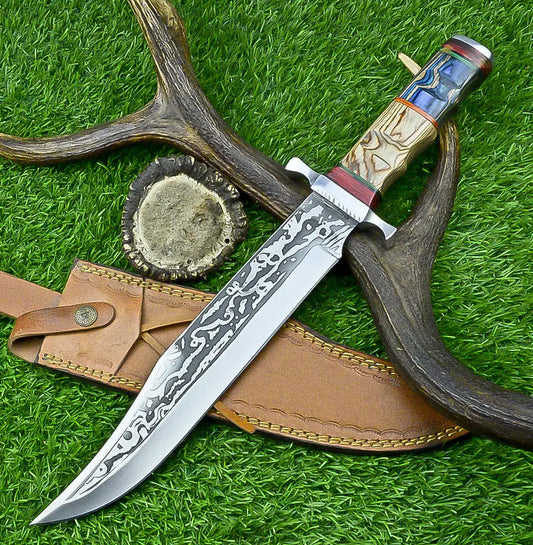 Masterfully Crafted Handmade J2 Steel Bowie Knife | Unique Etched Design, W/sheath SHKWORKS