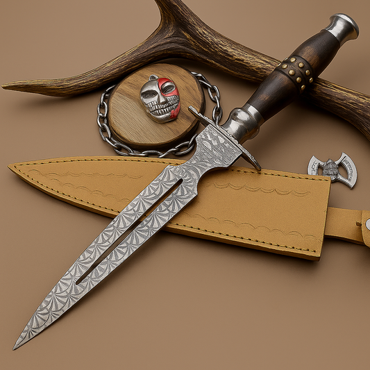 Hand Forged Two-Handed Medieval Broadsword with Scabbard | Knight Sworde – 14.7" – Rosewood Handle with Steel Bolsters &amp; Engraved Blade | SN-761