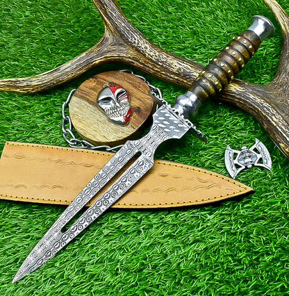 Damascus Steel Double Blade Fantasy Dagger with Leather Sheath and Bleach Mask Keychain  | SN-782