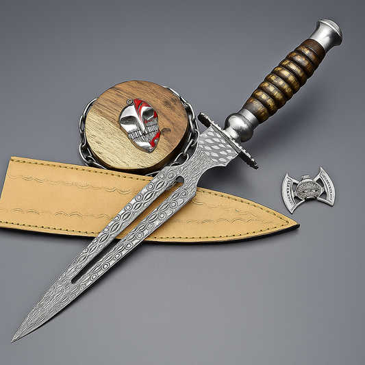 Damascus Steel Double Blade Fantasy Dagger with Leather Sheath and Bleach Mask Keychain  | SN-782