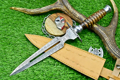 Damascus Steel Double Blade Fantasy Dagger with Leather Sheath and Bleach Mask Keychain | SN-787