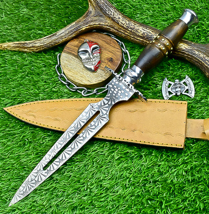 Damascus Steel Double Blade Fantasy Dagger with Leather Sheath and Bleach Mask Keychain | SN-794