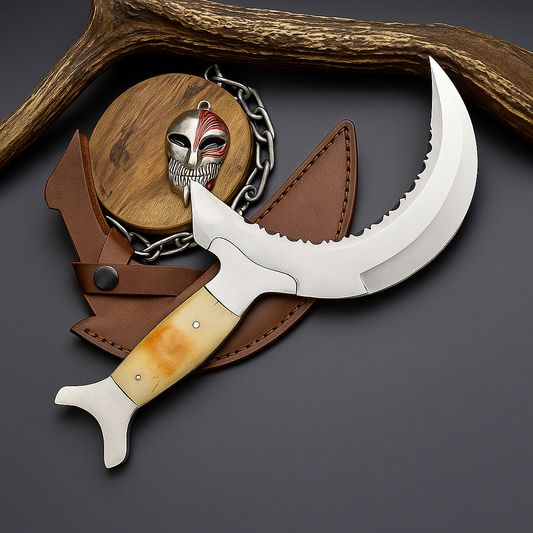 Handmade Crescent Half-Moon Ritual Knife, Unique Curved Blade, Leather Sheath | SN-1035
