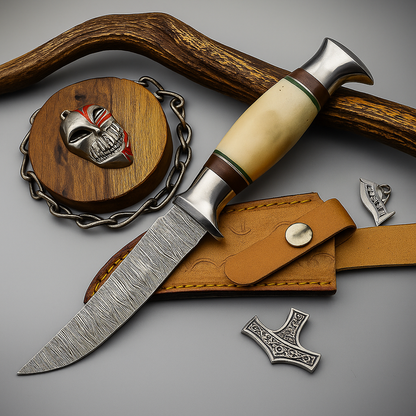 Handmade Damascus Knife 9" Camel Bone & Wood Handle Brass Bolsters w/ Sheath | SN-1144