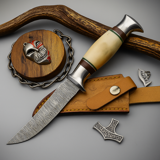 Handmade Damascus Knife 9" Camel Bone & Wood Handle Brass Bolsters w/ Sheath | SN-1144