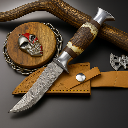 Handmade Damascus Hunting Knife with Sheath – 9" Stag Horn Handle | Gift for Him  SN-1194