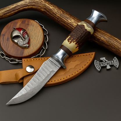 Handmade Damascus Hunting Knife with Sheath – 9" Stag Horn Handle | Gift for Him | SN-1225