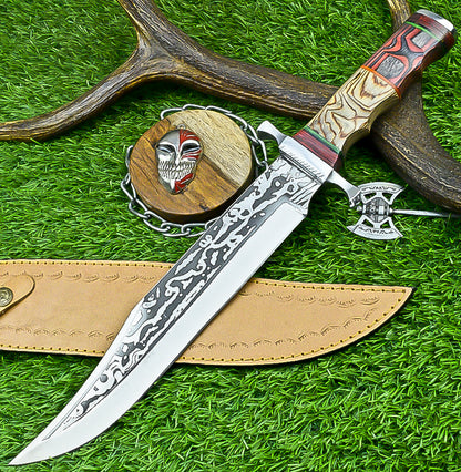 Hand-Forged Custom Damascus Steel Bowie Knife with Engraved Blade and Mosaic Handle | UN-8161