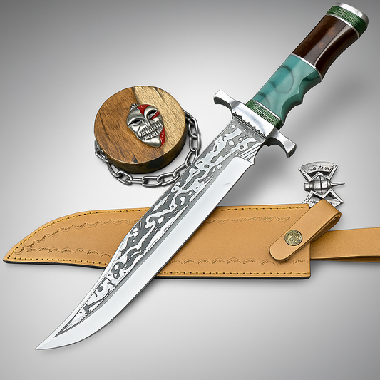 Handmade Damascus Steel Bowie Knife with Green Resin and Walnut Handle | UN-8212
