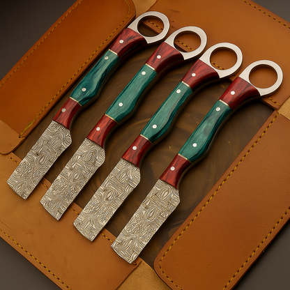 4-Piece Handmade Straight Razor Set – 8.25" J2 Steel Etched Blade, Pakka Wood Handle with Brass Pins &amp; Leather Sheaths | UN-9236