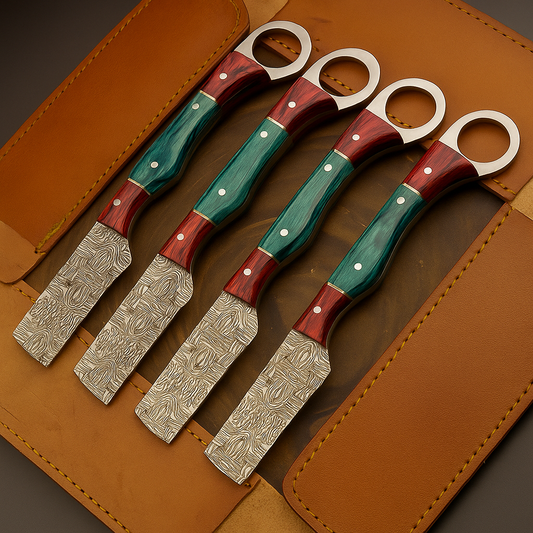 4-Piece Handmade Straight Razor Set – 8.25" J2 Steel Etched Blade, Pakka Wood Handle with Brass Pins &amp; Leather Sheaths | UN-9236