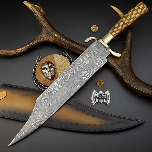 Compact Damascus Steel Fixed Blade Knife with Bone Handle and Star Pommel | UN-9481