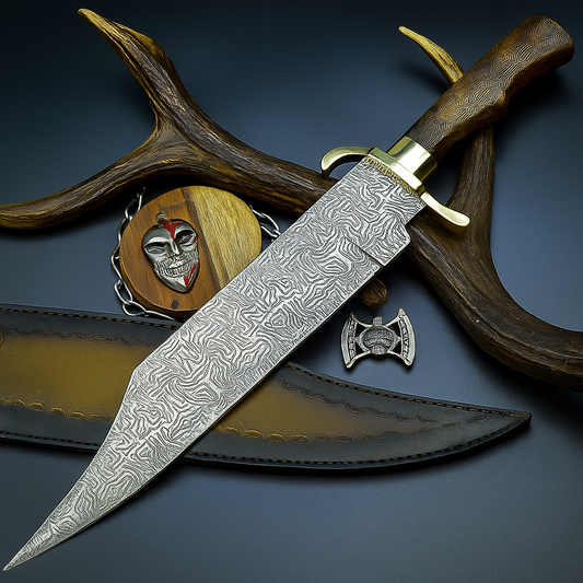 Handmade Damascus Steel Bowie Knife with Green Resin and Walnut Handle | UN-9475