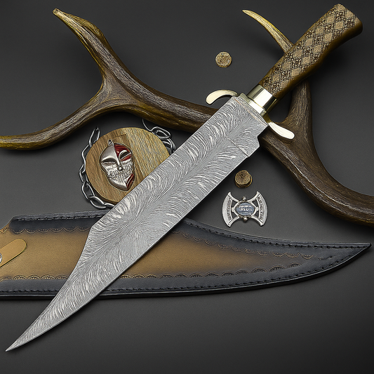 Custom Hand-Forged Damascus Steel Bowie Knife with Polished Wood Handle | UN-9484
