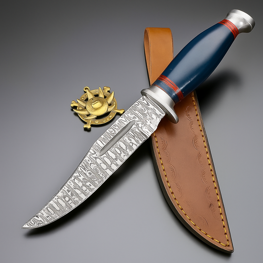 Handmade Damascus Steel Hunting Knife with Blue & Red Striped Handle