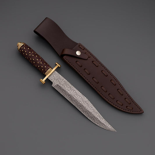 Handmade J2 Steel Bowie Knife with Etched Blade & Wood Handle, Custom Hunting Knife with Sheath Gift for Him, Unique Collectible Blade