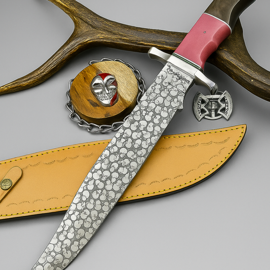Custom Damascus Steel Bowie Knife with Skull Engraved Blade and Two-Tone Resin Handle | UN-8176