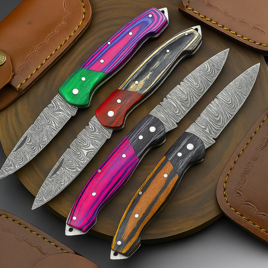 4 PCS Handmade Damascus Folding Knife Set – 7" – Multicolor Wood Handle  With Leather Sheath |   SN-739