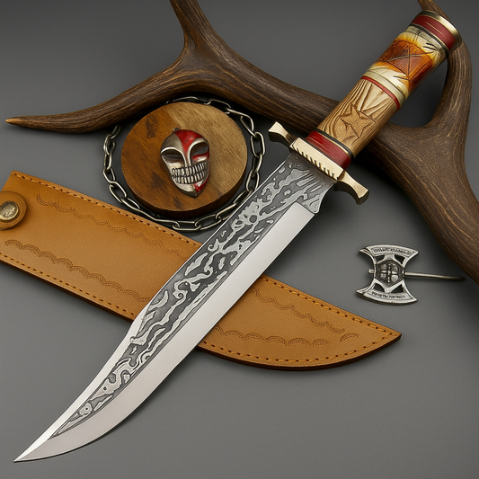Hand-Forged Damascus Steel Bowie Knife with Carved Bone and Wood Handle | UN-8211