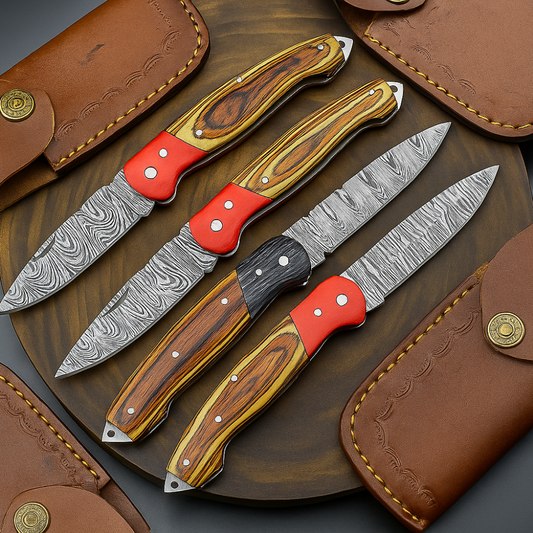 4 PCS Handmade Damascus Folding Knife Set – 7" Multicolor Wood Handle With Leather Sheath | SN-743