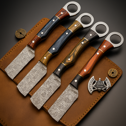 4-Piece Handmade Straight Razor Set – 8.25" J2 Steel Etched Blade, Pakka Wood Handle with Brass Pins &amp; Leather Sheaths | UN-9262