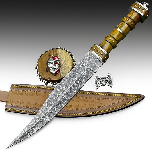 Hand-Forged Damascus Steel Bowie Knife with Skull-Etched Blade and Resin Handle | UN-9525