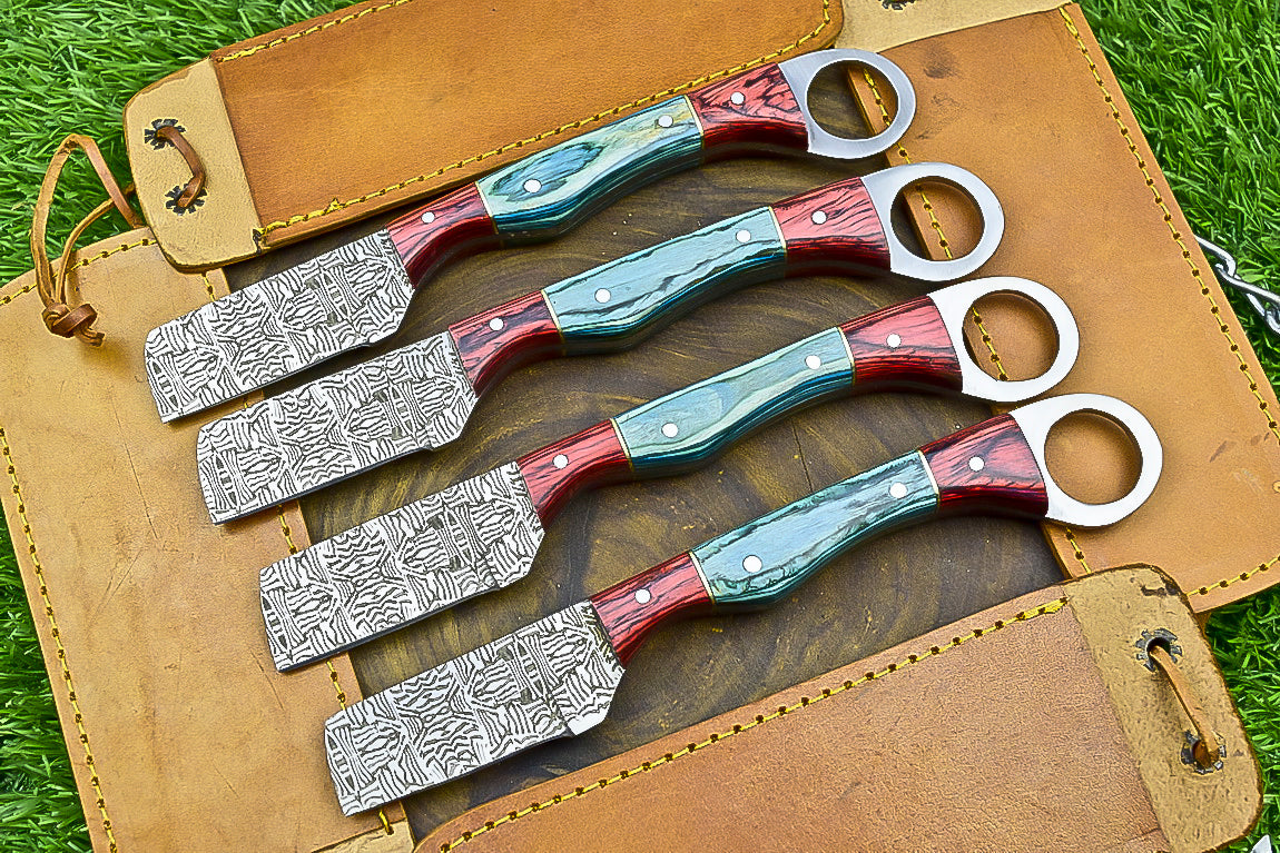 4-Piece Handmade Straight Razor Set – 8.25" J2 Steel Etched Blade, Pakka Wood Handle with Brass Pins &amp; Leather Sheaths