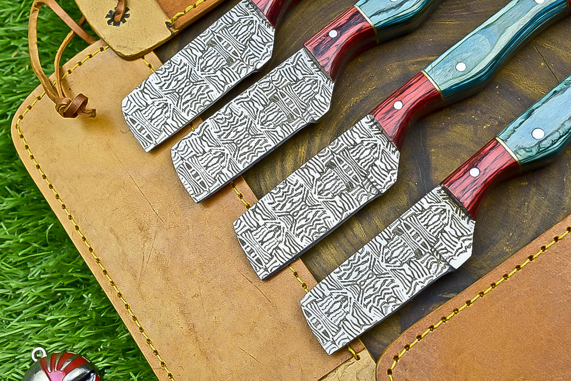 4-Piece Handmade Straight Razor Set – 8.25" J2 Steel Etched Blade, Pakka Wood Handle with Brass Pins &amp; Leather Sheaths