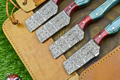 4-Piece Handmade Straight Razor Set – 8.25" J2 Steel Etched Blade, Pakka Wood Handle with Brass Pins &amp; Leather Sheaths