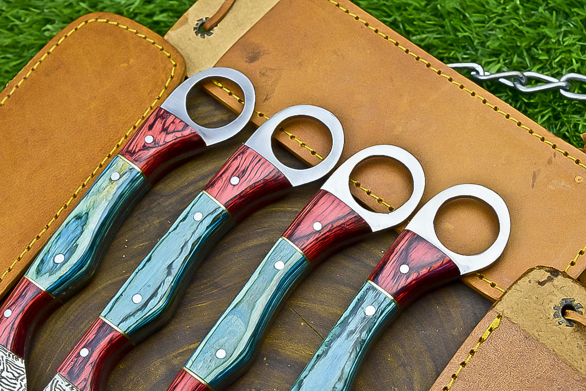 4-Piece Handmade Straight Razor Set – 8.25" J2 Steel Etched Blade, Pakka Wood Handle with Brass Pins &amp; Leather Sheaths