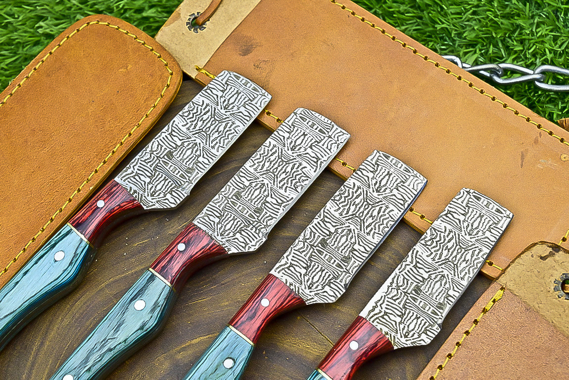 4-Piece Handmade Straight Razor Set – 8.25" J2 Steel Etched Blade, Pakka Wood Handle with Brass Pins &amp; Leather Sheaths