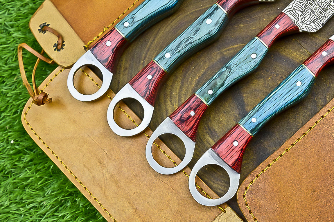4-Piece Handmade Straight Razor Set – 8.25" J2 Steel Etched Blade, Pakka Wood Handle with Brass Pins &amp; Leather Sheaths
