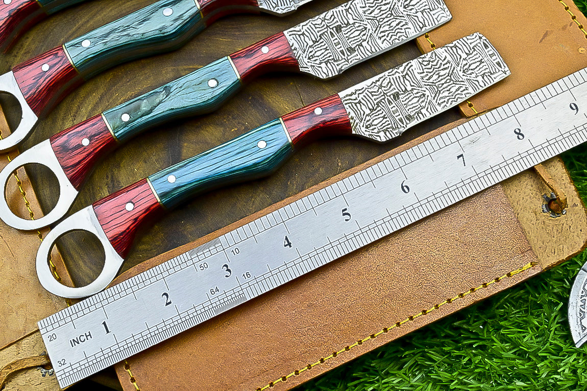 4-Piece Handmade Straight Razor Set – 8.25" J2 Steel Etched Blade, Pakka Wood Handle with Brass Pins &amp; Leather Sheaths