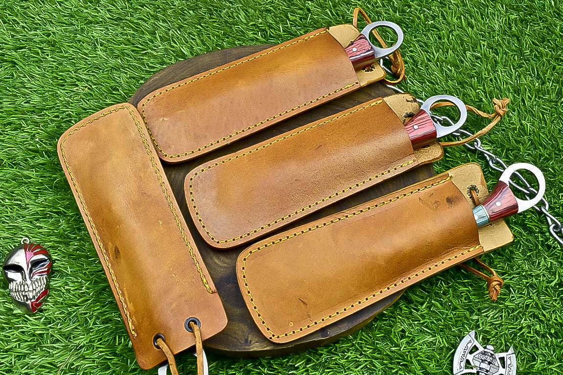 4-Piece Handmade Straight Razor Set – 8.25" J2 Steel Etched Blade, Pakka Wood Handle with Brass Pins &amp; Leather Sheaths