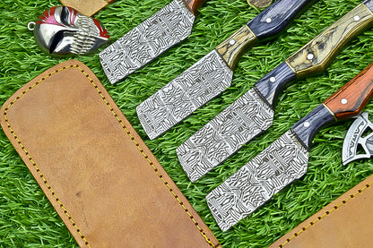 4-Piece Handmade Straight Razor Set – 8.25" J2 Steel Etched Blade, Pakka Wood Handle with Brass Pins &amp; Leather Sheaths | UN-9262