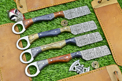 4-Piece Handmade Straight Razor Set – 8.25" J2 Steel Etched Blade, Pakka Wood Handle with Brass Pins &amp; Leather Sheaths | UN-9262