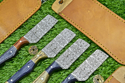 4-Piece Handmade Straight Razor Set – 8.25" J2 Steel Etched Blade, Pakka Wood Handle with Brass Pins &amp; Leather Sheaths | UN-9262