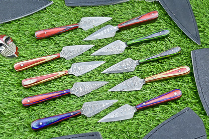 10-Piece Lot Custom Handmade 5.25" Damascus Steel Bozam Dagger Knives – Hard Wood Handle, Full Tang with Sheaths