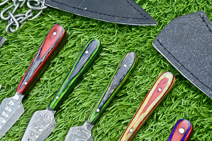 10-Piece Lot Custom Handmade 5.25" Damascus Steel Bozam Dagger Knives – Hard Wood Handle, Full Tang with Sheaths