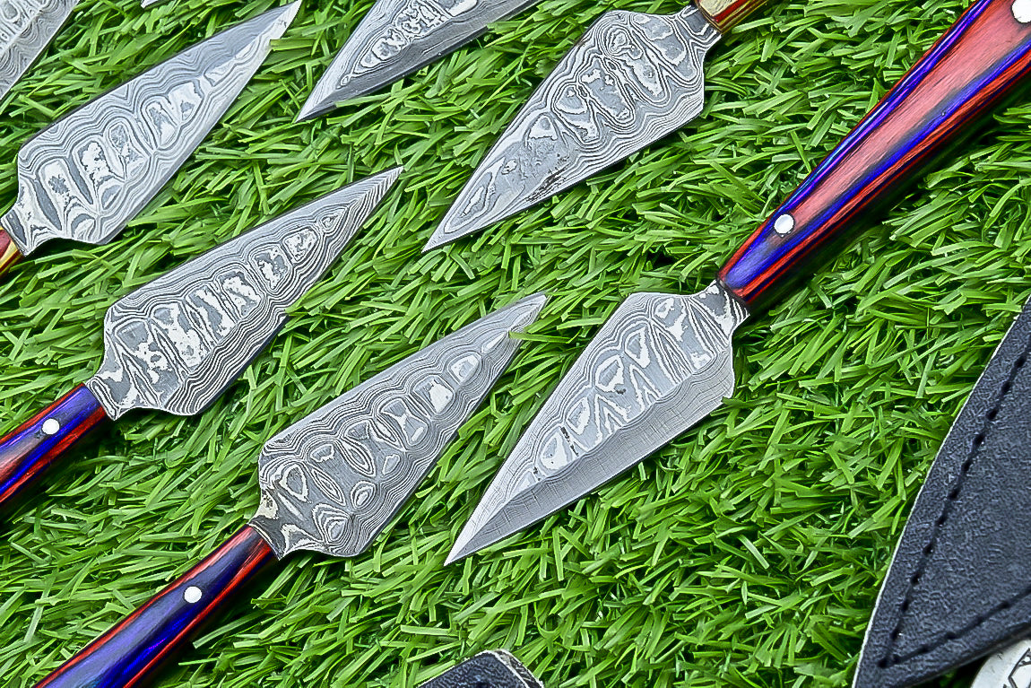 10-Piece Lot Custom Handmade 5.25" Damascus Steel Bozam Dagger Knives – Hard Wood Handle, Full Tang with Sheaths