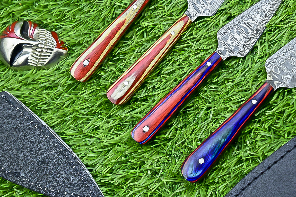 10-Piece Lot Custom Handmade 5.25" Damascus Steel Bozam Dagger Knives – Hard Wood Handle, Full Tang with Sheaths