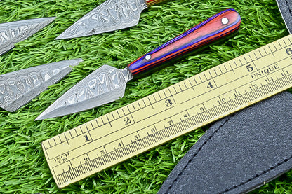 10-Piece Lot Custom Handmade 5.25" Damascus Steel Bozam Dagger Knives – Hard Wood Handle, Full Tang with Sheaths