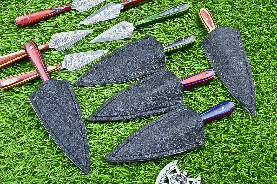 10-Piece Lot Custom Handmade 5.25" Damascus Steel Bozam Dagger Knives – Hard Wood Handle, Full Tang with Sheaths