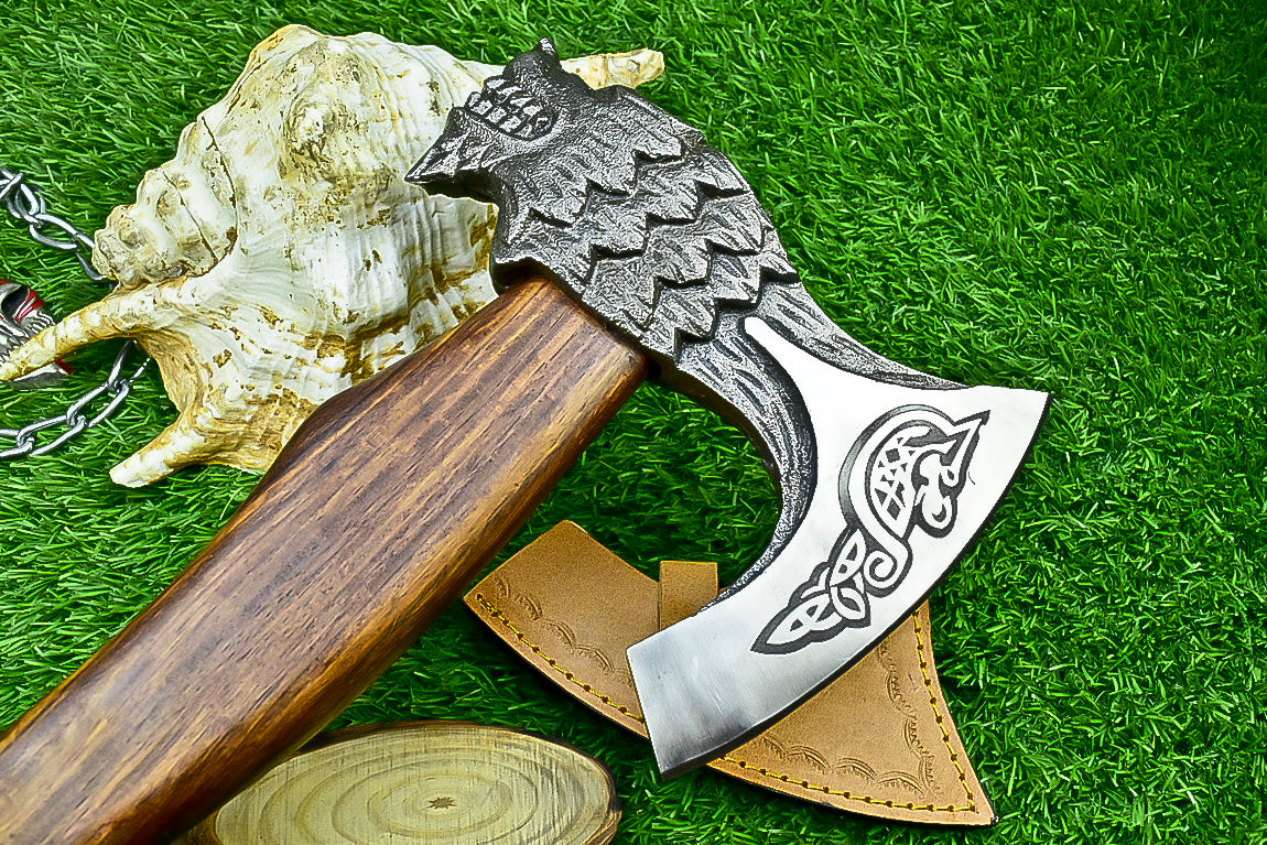 Ragnar Viking Axe – 21" Hand-Forged Carbon Steel Axe W/ Rosewood Handle & Leather Wrap | Camping Axe with Sheath